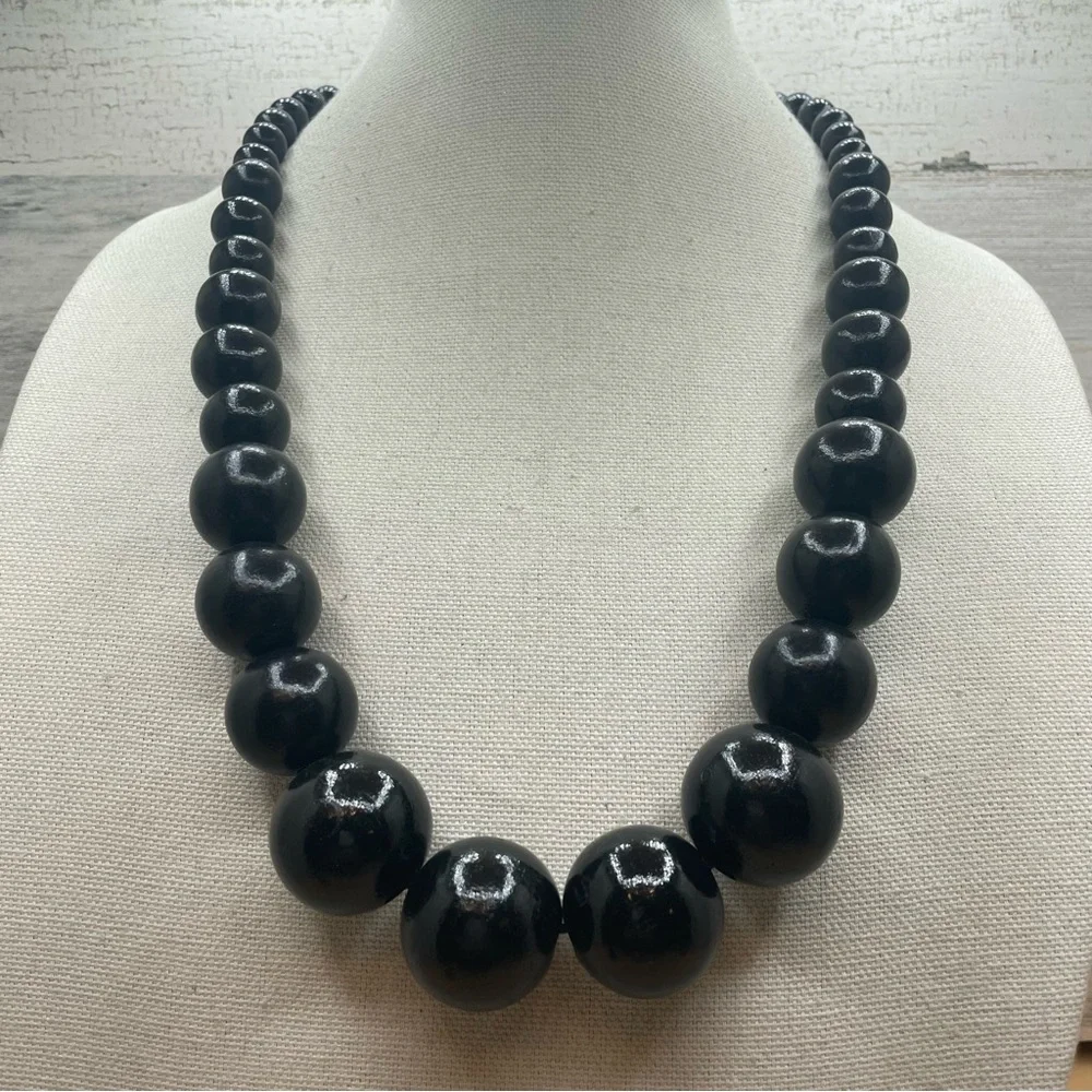 Bold Unsigned Wooden Large Pearl Beaded Mid Century Inspired Corded Necklace